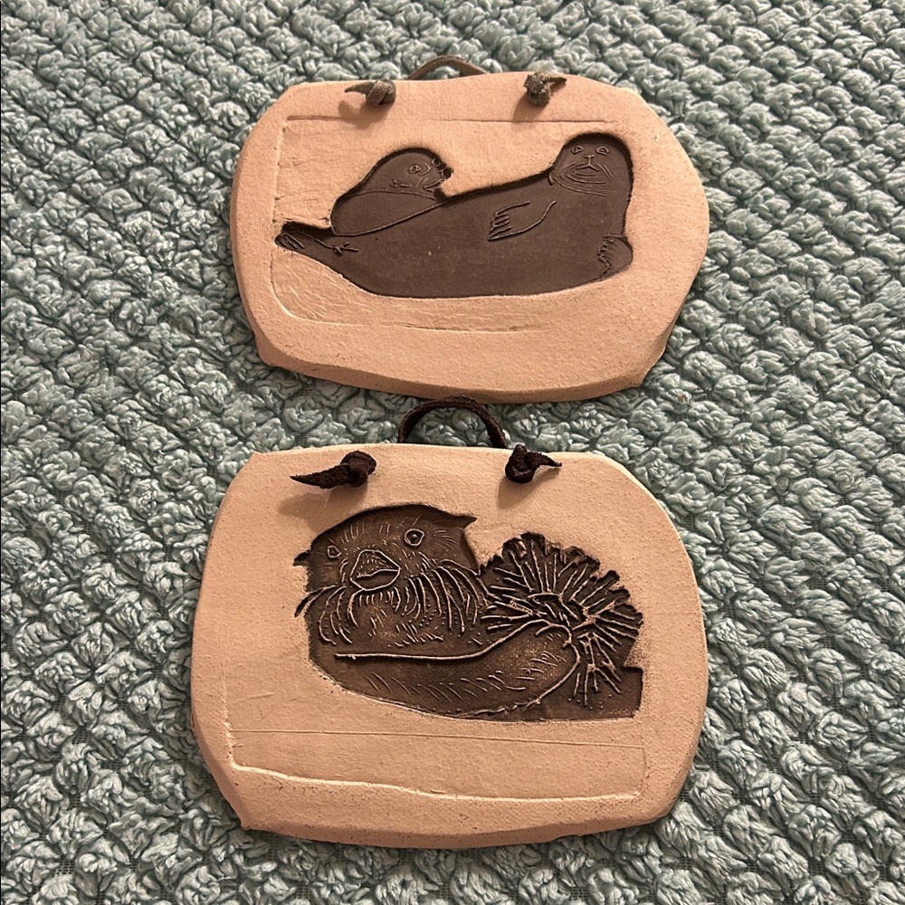 Handcrafted Seal and Otter Animal Hanging Wall Plaques With Leather Loops Signed